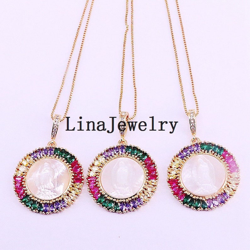 3Pcs Gold Plated Pave Rainbow Cubic Zirconia And Shell Round Pendant Women/'s Fashion Jewelry necklaces