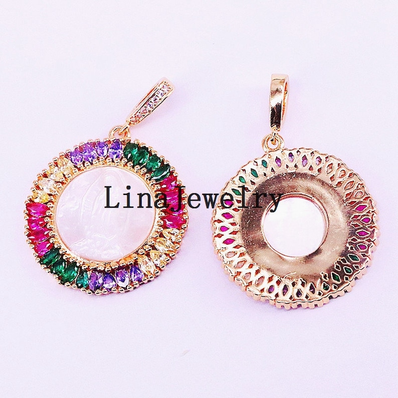 3Pcs Gold Plated Pave Rainbow Cubic Zirconia And Shell Round Pendant Women/'s Fashion Jewelry necklaces