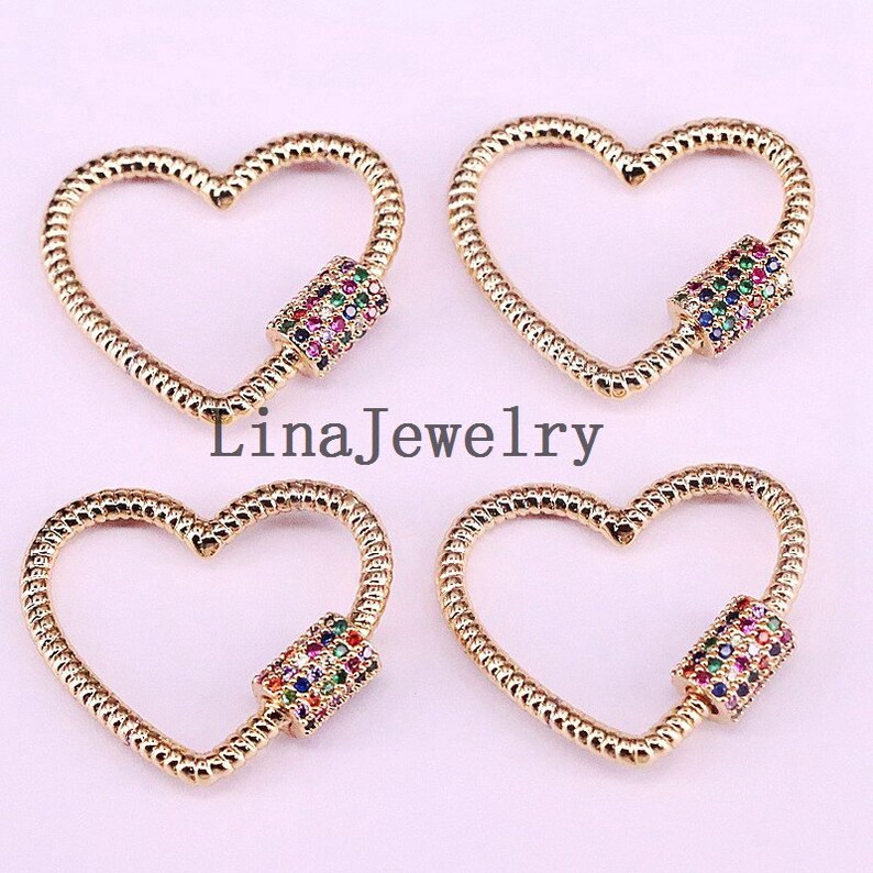 24x21mm Micro Pave Colourful CZ Heart Shaped Rope Screw Clasp For Fashion Necklace Making Beading Jewelry Findings Supplies Gold Plated