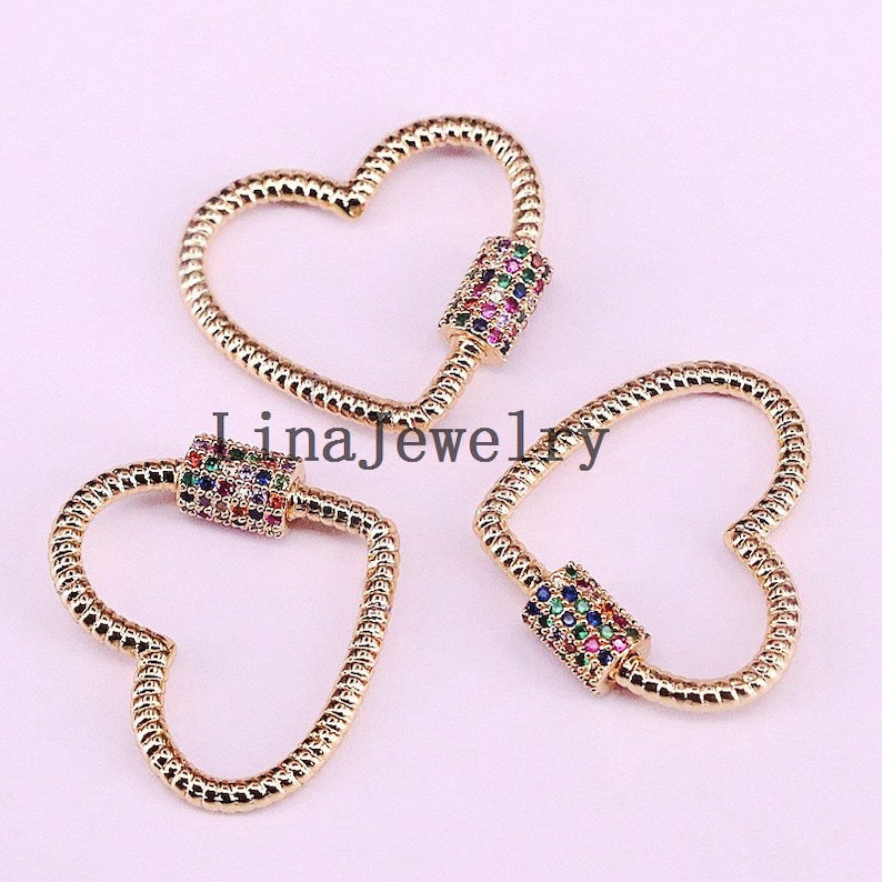 24x21mm Micro Pave Colourful CZ Heart Shaped Rope Screw Clasp For Fashion Necklace Making Beading Jewelry Findings Supplies Gold Plated