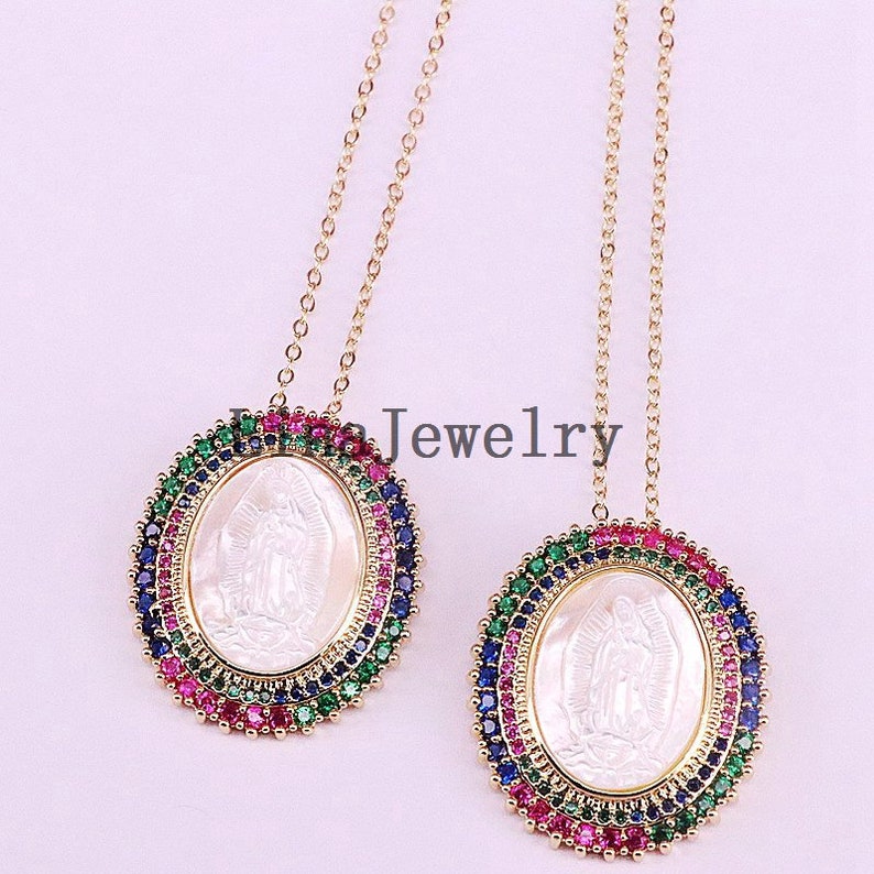 3Pcs Gold Plated Rainbow CZ Micro Pave Virgin Of Mary Charm Shell Pendant for Necklace Oval Shaped Religious Charms,