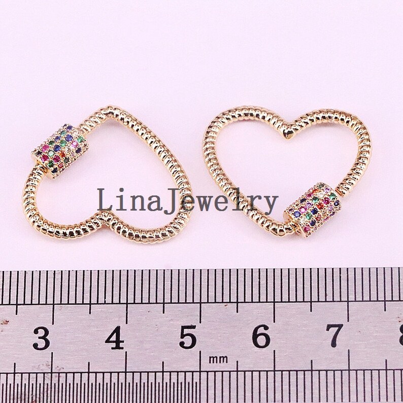 24x21mm Micro Pave Colourful CZ Heart Shaped Rope Screw Clasp For Fashion Necklace Making Beading Jewelry Findings Supplies Gold Plated