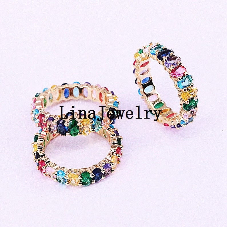 5Pcs New gorgeous fashion women lady rainbow rings colorful oval cz engagment wedding ring for gifts