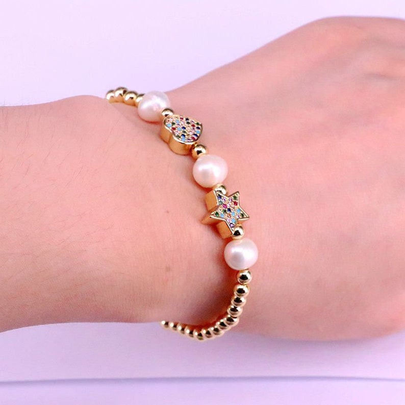 5Pcs Female CZ Micro Pave Spacer Jewelry Elegant Freshwater Pearl and Copper Beads Bracelet Fashion For Ladies Decorate