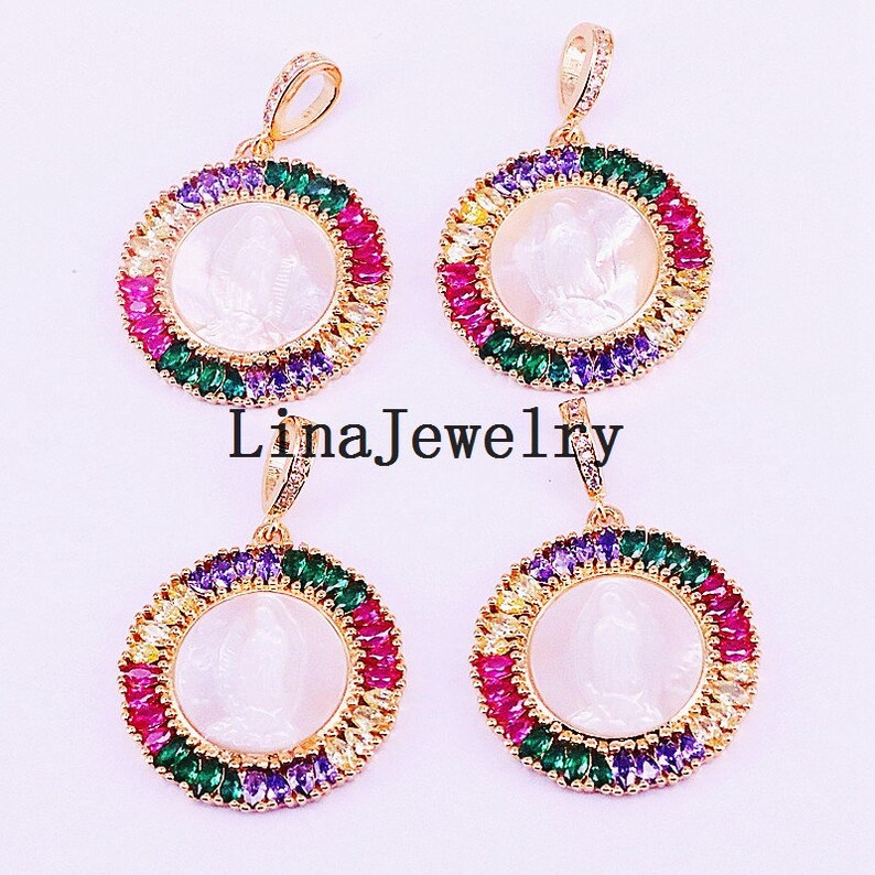 3Pcs Gold Plated Pave Rainbow Cubic Zirconia And Shell Round Pendant Women/'s Fashion Jewelry necklaces