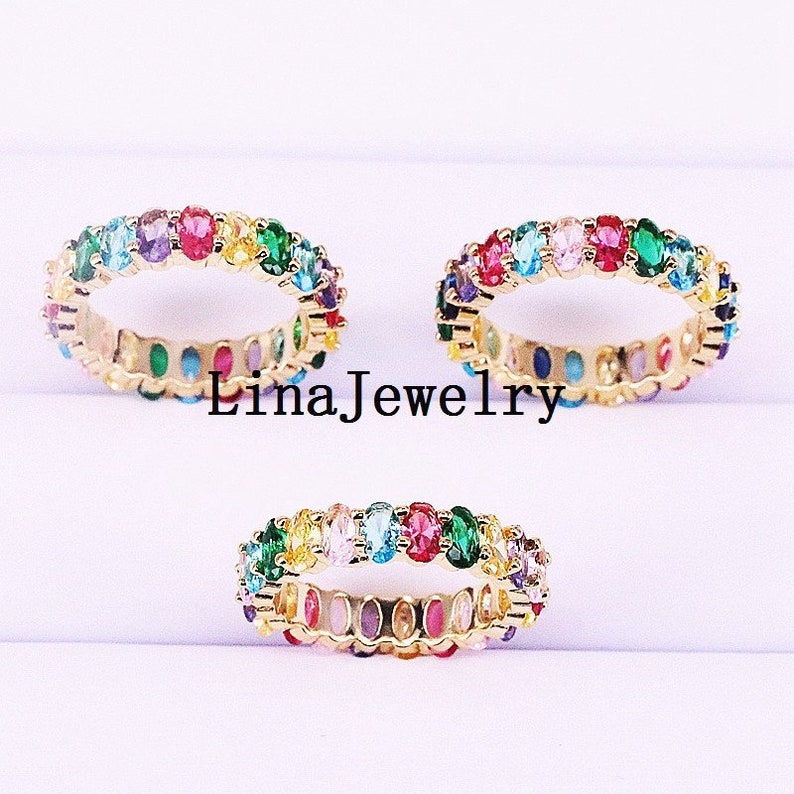 5Pcs New gorgeous fashion women lady rainbow rings colorful oval cz engagment wedding ring for gifts