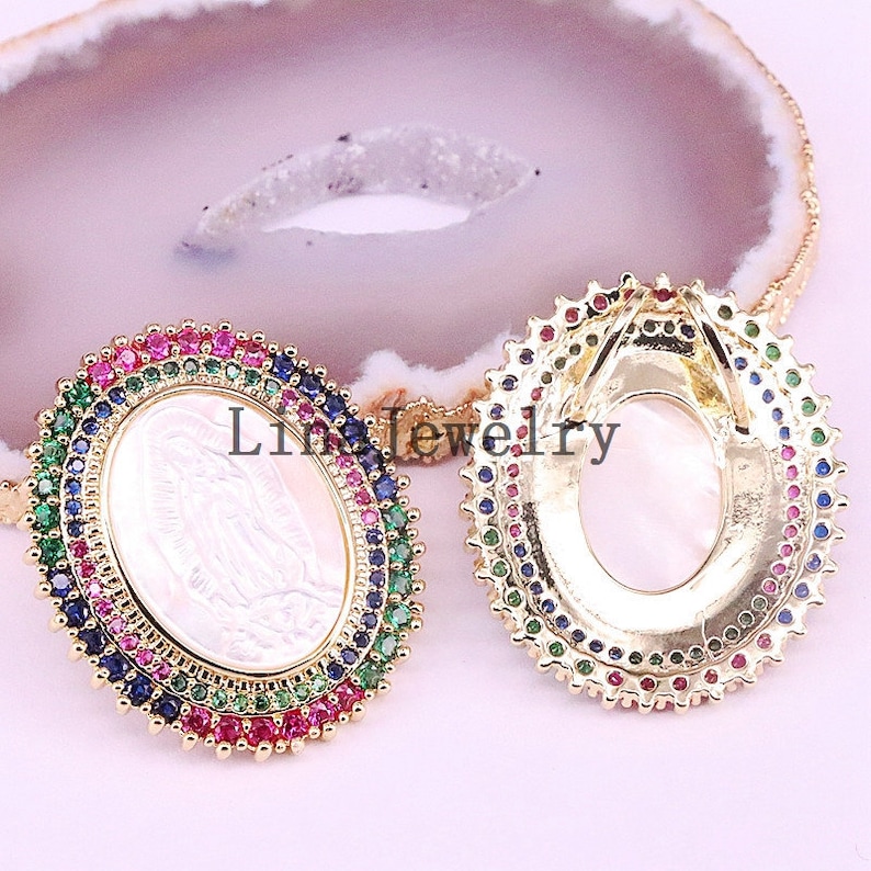 3Pcs Gold Plated Rainbow CZ Micro Pave Virgin Of Mary Charm Shell Pendant for Necklace Oval Shaped Religious Charms,