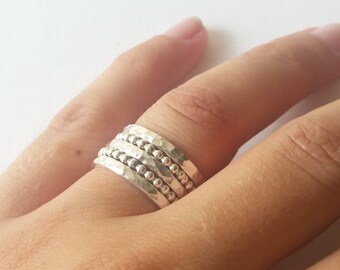 Anillo de plata de ley - Plata de ley - Anillo de cuentas martilladas