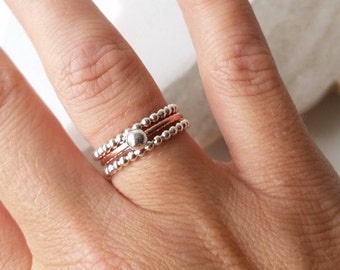 Anillos de plata esterlina - Juego de 3 - Anillo de banda de cuentas de cobre y plata - Anillos apilables - Anillos llamativos - Hechos a mano