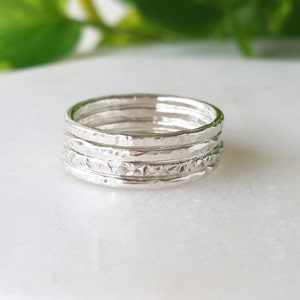 Sterling Silver Rings - Multi textured thin rings - Set of 4 - Stackable rings - Statement Rings - Handmade - Recycled sterling silver rings