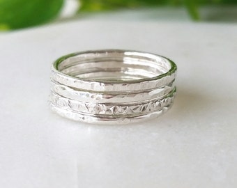 Silver Rings - Multi textured thin rings - Set of 4 - Stackable rings - Statement Rings - Handmade - Recycled sterling silver rings