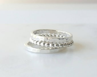 Anillos de plata esterlina - Anillos apilables mixtos - Juego de 3 - Anillos apilables - Hechos a mano - Plata esterlina reciclada