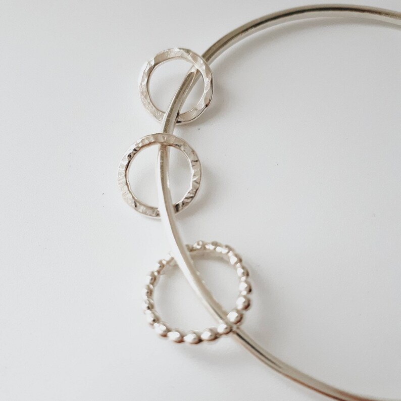 Silver bangle with hammered and beaded rings. Silver Bangle Sterling Silver Bracelet Smooth Bangle round