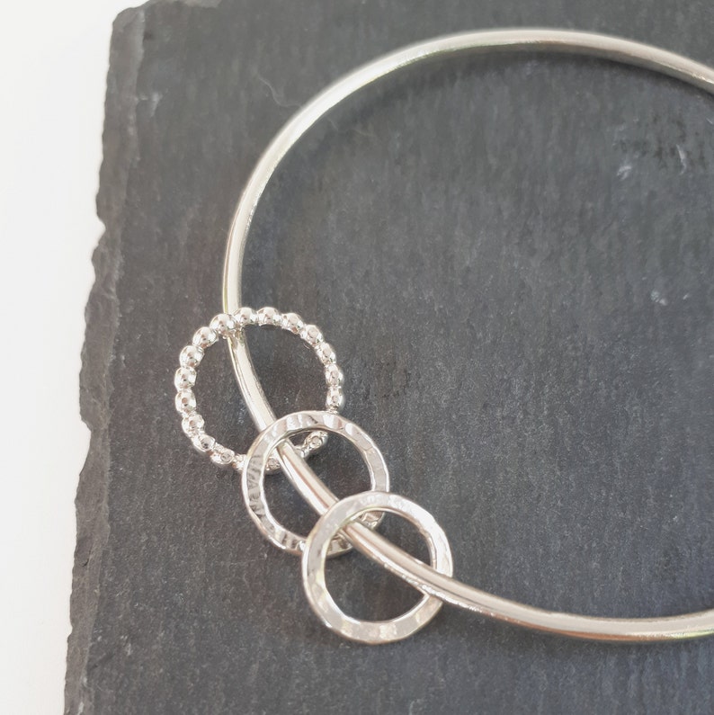 Silver bangle with hammered and beaded rings. Silver Bangle Sterling Silver Bracelet Smooth Bangle round