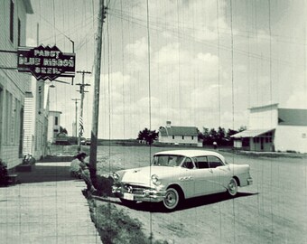 Buick in Small Western Town Black and White