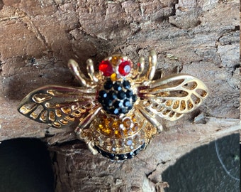 Rhinestone Encrusted  Golden Bumble Bee Brooch with Red Rhinestone Eyes