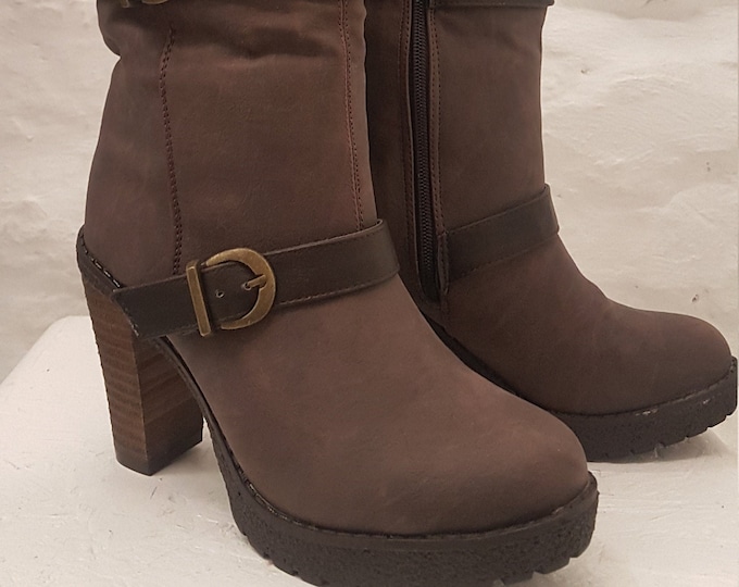 Steam Punk Style Long Length Brown Biker Boots with Heels, Buckles & Zips.