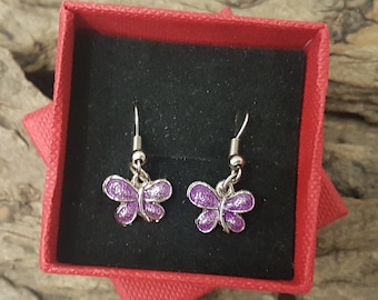 Purple Butterfly Earrings with Hypoallergenic Silver Hoops for Pierced Ears
