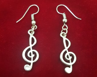 Silver Treble Clef Earrings with Hypoallergenic Silver Hoops for Pierced Ears.