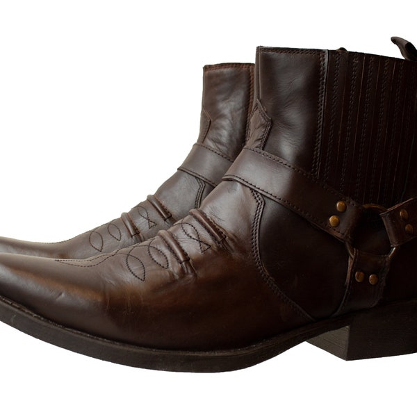 Brown Leather Rockabilly Cuban Heel Side Buckle Vintage Cowboy/Biker Boots