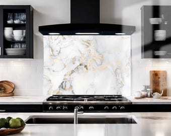 White & Gold Polished Marble Glass Kitchen Splashback - UK Manufactured Toughened Glass Backsplash