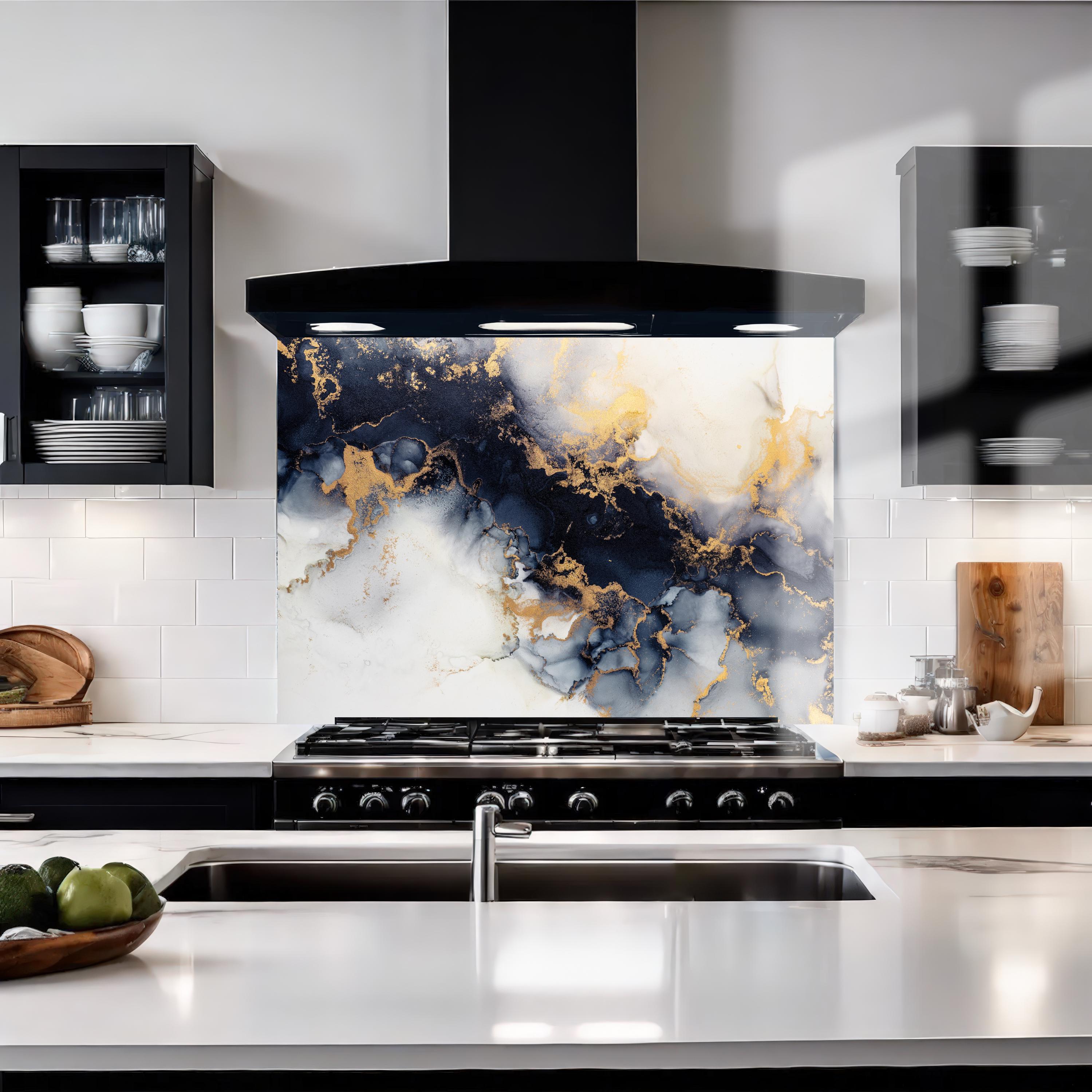 White & Navy Textured Gold Vein Glass Splashback - UK Manufactured ...