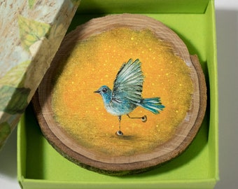 Blue Bird, Oil Painting on a Wooden Slice (Olive tree). Original painting by Yana Khachikyan