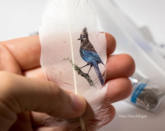 Watercolor painting on a natural swan feather (Original watercolor painting by Yana Khachikyan)