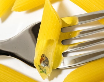 Watercolor painting on a piece of pasta mostaccioli (Original watercolor painting by Yana Khachikyan)