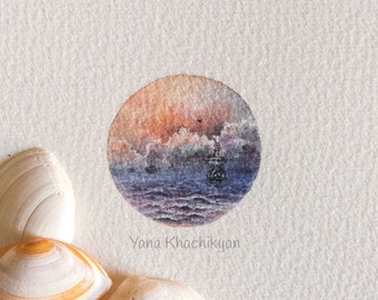 Stormy Sea Day, Miniature, Original Watercolor Painting by Yana Khachikyan