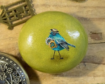 Steampunk Blue Bird (Original oil painting on a stone by Yana Khachikyan)