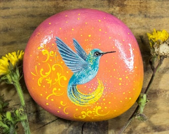 Blue And Yellow Hummingbird (Original oil painting on a stone by Yana Khachikyan)