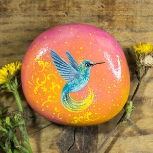 Blue And Yellow Hummingbird Original oil painting on a stone by Yana Khachikyan image 1