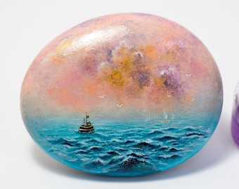 Seascape With Pink Clouds (Original oil painting on a stone by Yana Khachikyan)