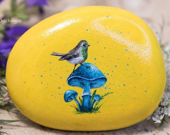 Mushroom Series, Bird Sitting On A Mushroom (Original oil painting on a stone by Yana Khachikyan)