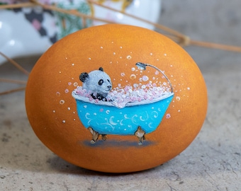 Panda Bubble Bath (Original oil painting on a stone by Yana Khachikyan)