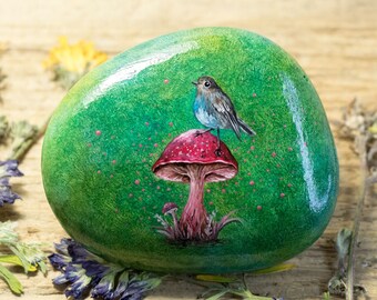 Mushroom Series, Bird Sitting On A Mushroom (Original oil painting on a stone by Yana Khachikyan)