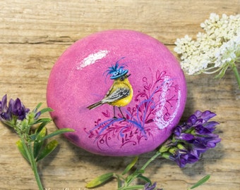Yellow Bird Wearing Flower Hat On Pink Background (Original oil painting on a stone by Yana Khachikyan)