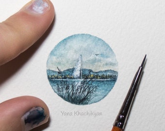 Geneva Lake, Fountain View, Miniature, Original Watercolor Painting by Yana Khachikyan