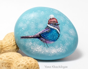 Winter Bird Wearing A Warm Vest (Original oil painting on a stone by Yana Khachikyan)
