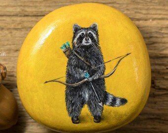 Tiny Raccoon Archer Warrior (Original oil painting on a stone by Yana Khachikyan)