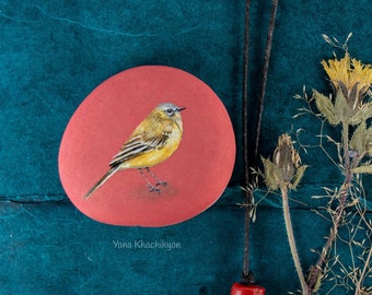 Yellow Bird (Original oil painting on a stone by Yana Khachikyan)