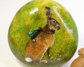 Hare On The Road (Original oil painting on a stone by Yana Khachikyan)