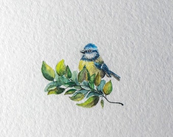 Eurasian Blue Tit Bird, Miniature, Circle Shaped Paper, Original Watercolor Painting by Yana Khachikyan