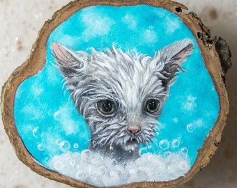 Tiny Kitten Taking A Bubble Bath, Oil Painting on a Wooden Slice (Olive tree). Original painting by Yana Khachikyan