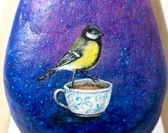 Great Tit Bird, Sitting on a Cup (Original oil painting on a stone by Yana Khachikyan)