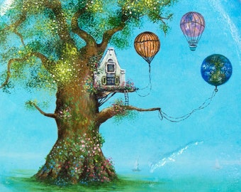 Tree House With The Earth Balloon (Original oil painting on a stone by Yana Khachikyan)