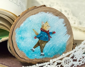 Ice Skating Cat, Oil Painting on a Wooden Slice (Olive tree). Original painting by Yana Khachikyan