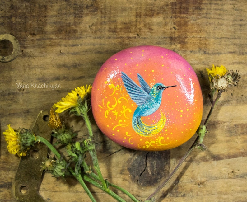 Blue And Yellow Hummingbird Original oil painting on a stone by Yana Khachikyan image 1