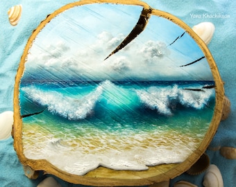 Turquoise Waves, Oil Painting on a Wooden Slice (Cherry tree). Original painting by Yana Khachikyan